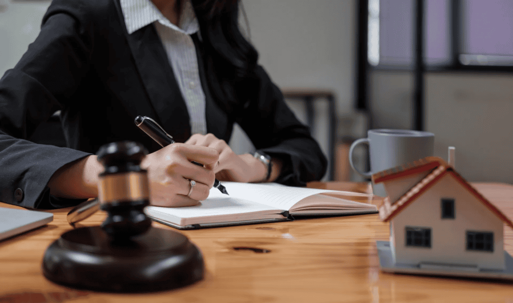 Lawyer sitting at desk reviewing documents on divorce and family planning
